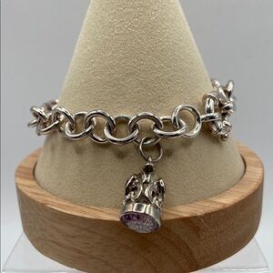 Sterling Silver 925 Rolo Link Purple Amethyst Charm Bracelet 8”L